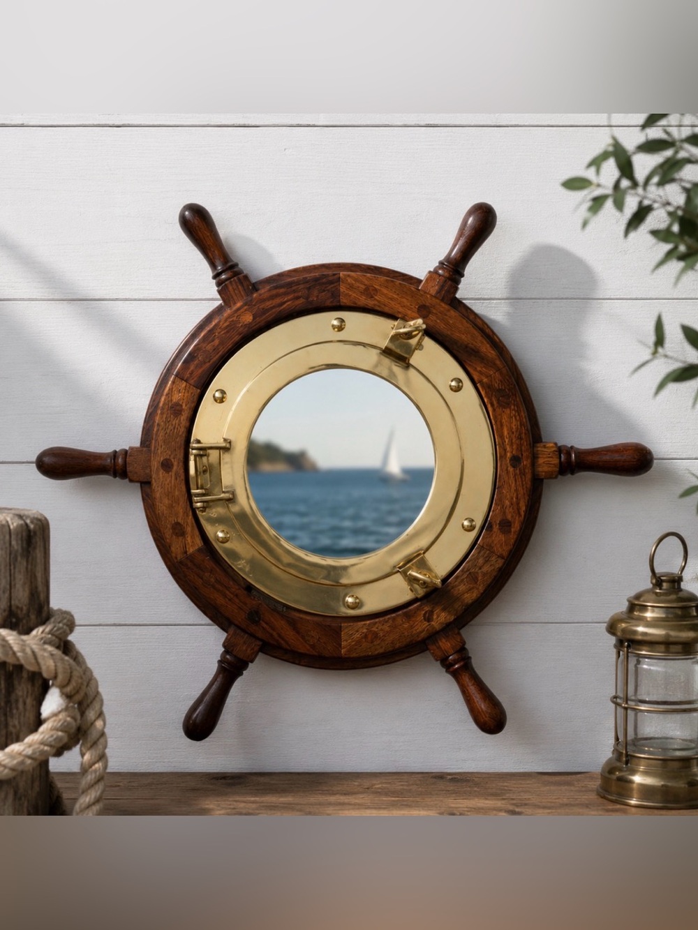 19” Nautical Ship Wheel Porthole Mirror | Coastal Maritime Wall Decor